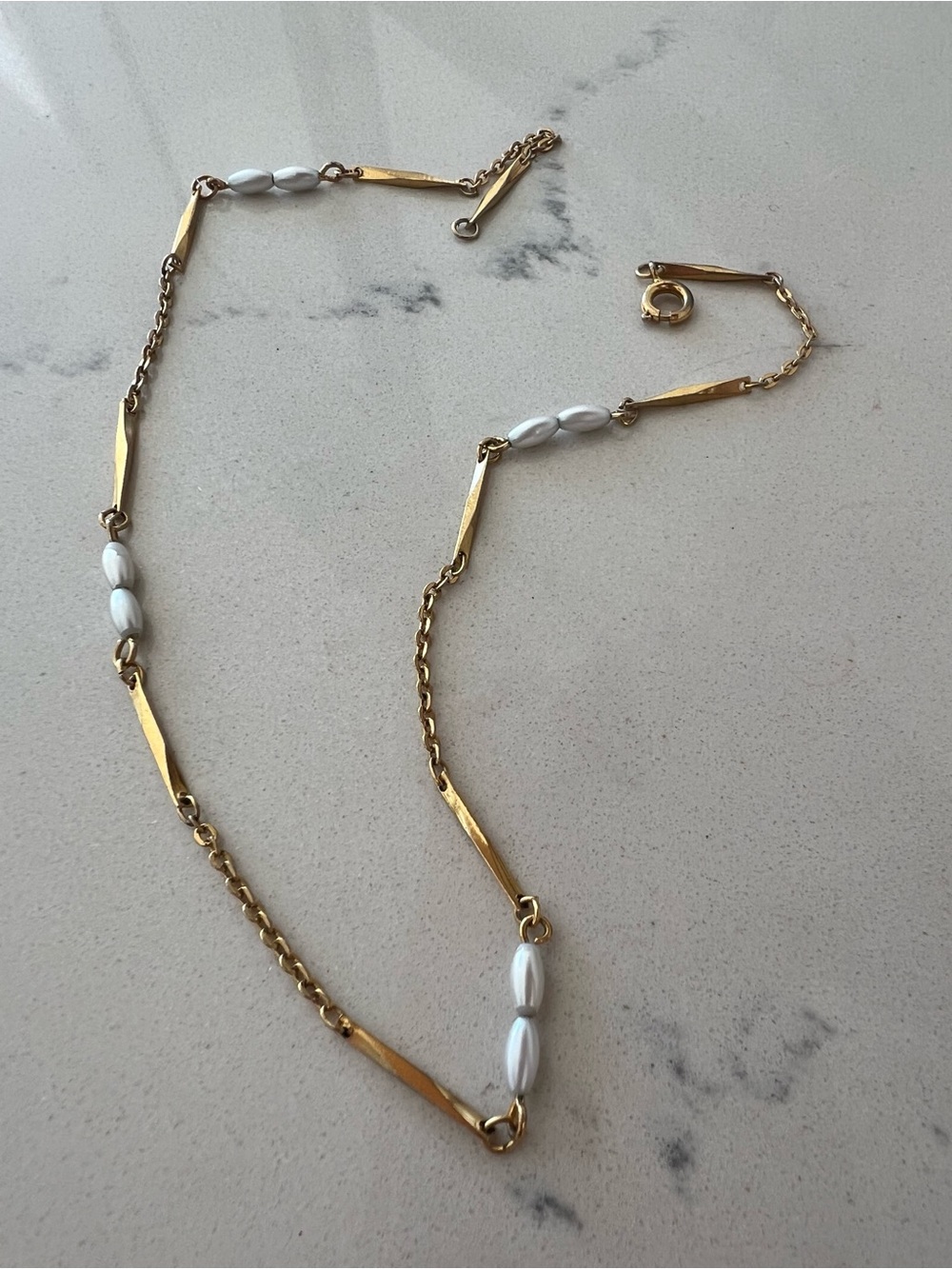 Vintage Gold Tone Geometric Bar Link Rice Pearl Chain Necklace